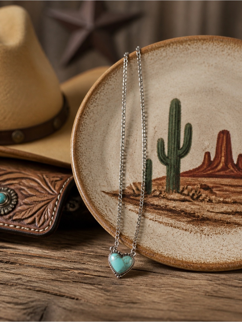 Silver Chain Necklace with Turquoise Heart Pendant - Women Jewelry